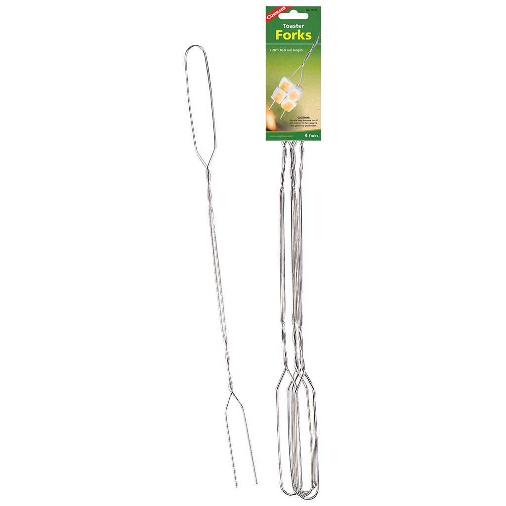 Set of four nickel-plated wire forks designed for roasting marshmallows and hot dogs in outdoor grilling and camping collections