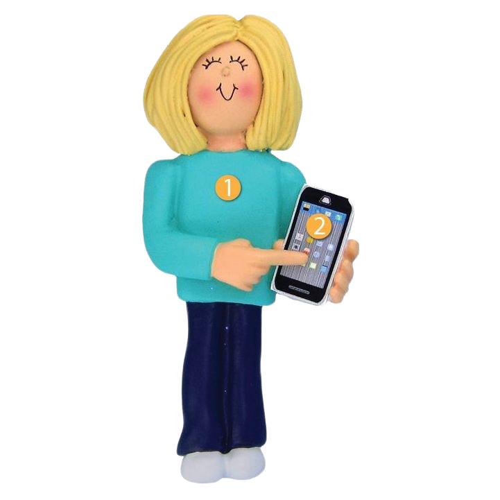 Blonde female figure holding smartphone with finger pointing, festive Christmas tree decoration under $50