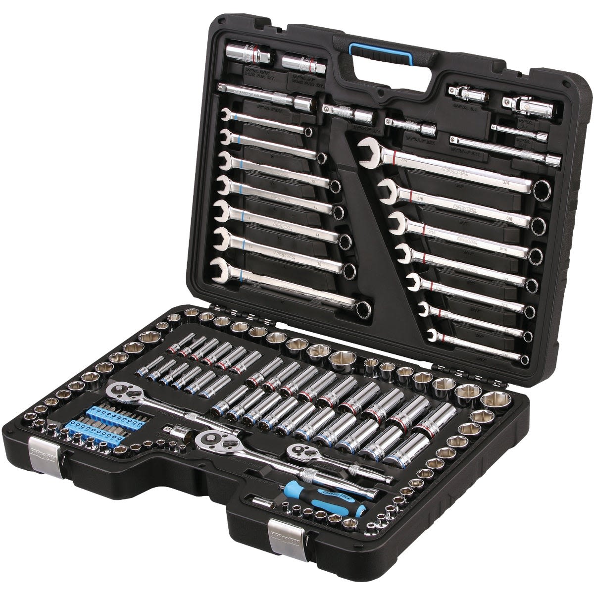 Standard and metric socket and ratchet set in molded case for hand tools and woodworking projects collections