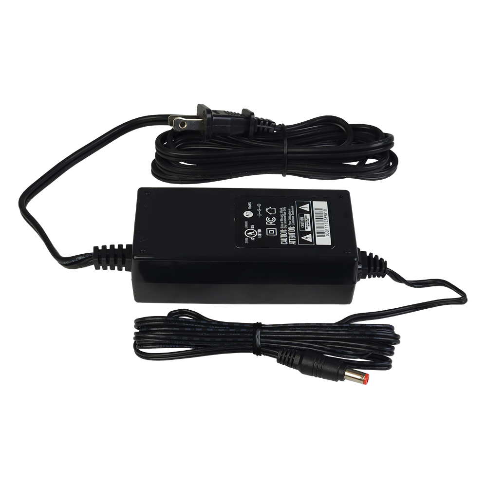 Black rectangular power adapter with attached cords and plug for tools and home improvement use