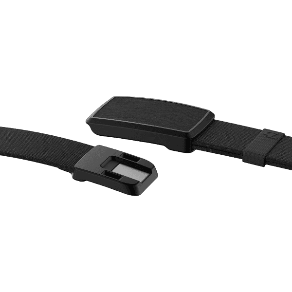 Black flexible belt with sleek rectangular buckle designed to fit most sizes for casual daily wear