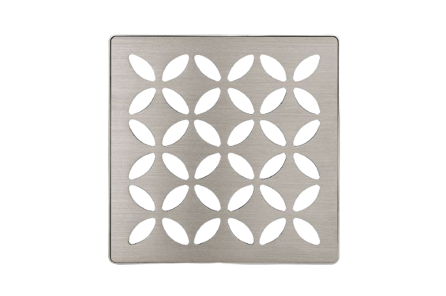 Square brushed nickel shower drain grate with floral cutout design for tile flooring and home improvement projects