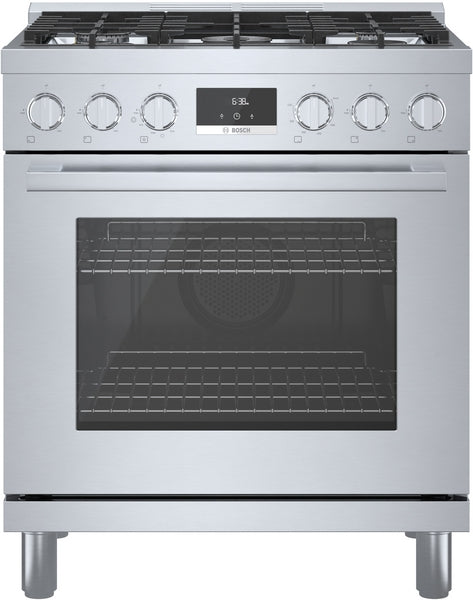 Front view of 30-inch stainless steel gas freestanding range with metal knobs, digital display, and black cooking surface in Bosch collection