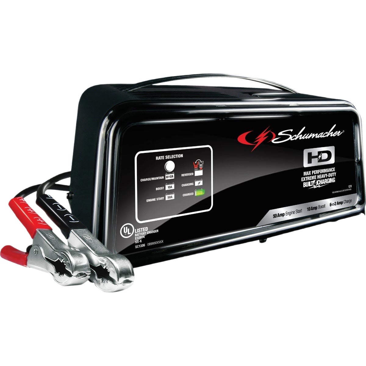 Black Schumacher 12V automatic starter and battery charger with attached red and black clamps for tools and home use