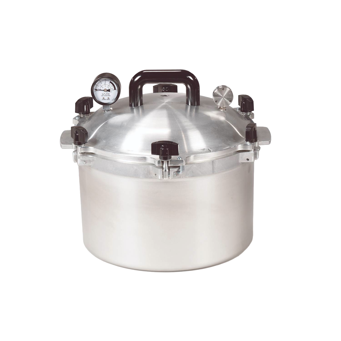 Aluminum pressure canner with dark handles and pressure gauge, designed for kitchenware and cooking tools collections