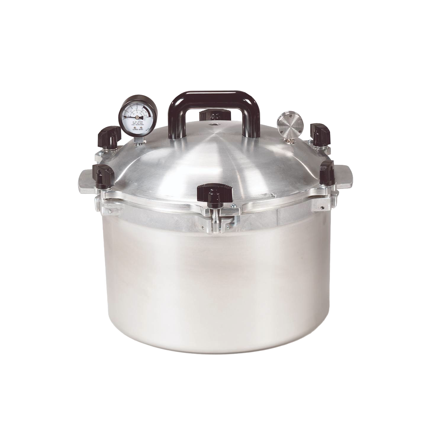 Aluminum pressure canner with dark handles and pressure gauge, designed for kitchenware and cooking tools collections