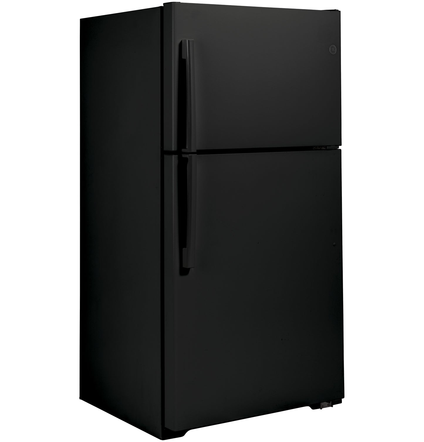 Matte black top-freezer refrigerator with curved handles, part of kitchen appliances and refrigerator collections.