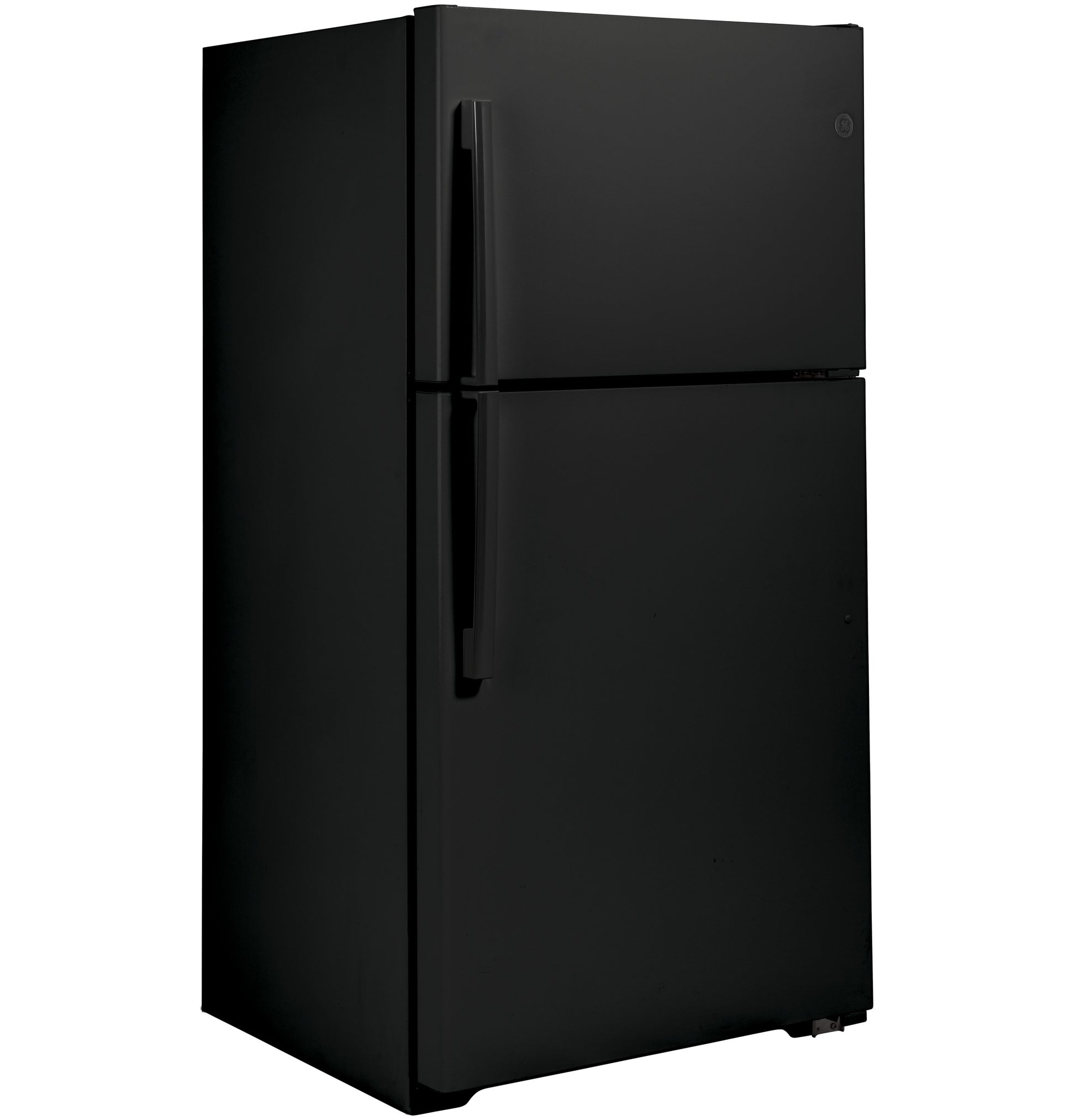 Matte black top-freezer refrigerator with curved handles, part of kitchen appliances and refrigerator collections.