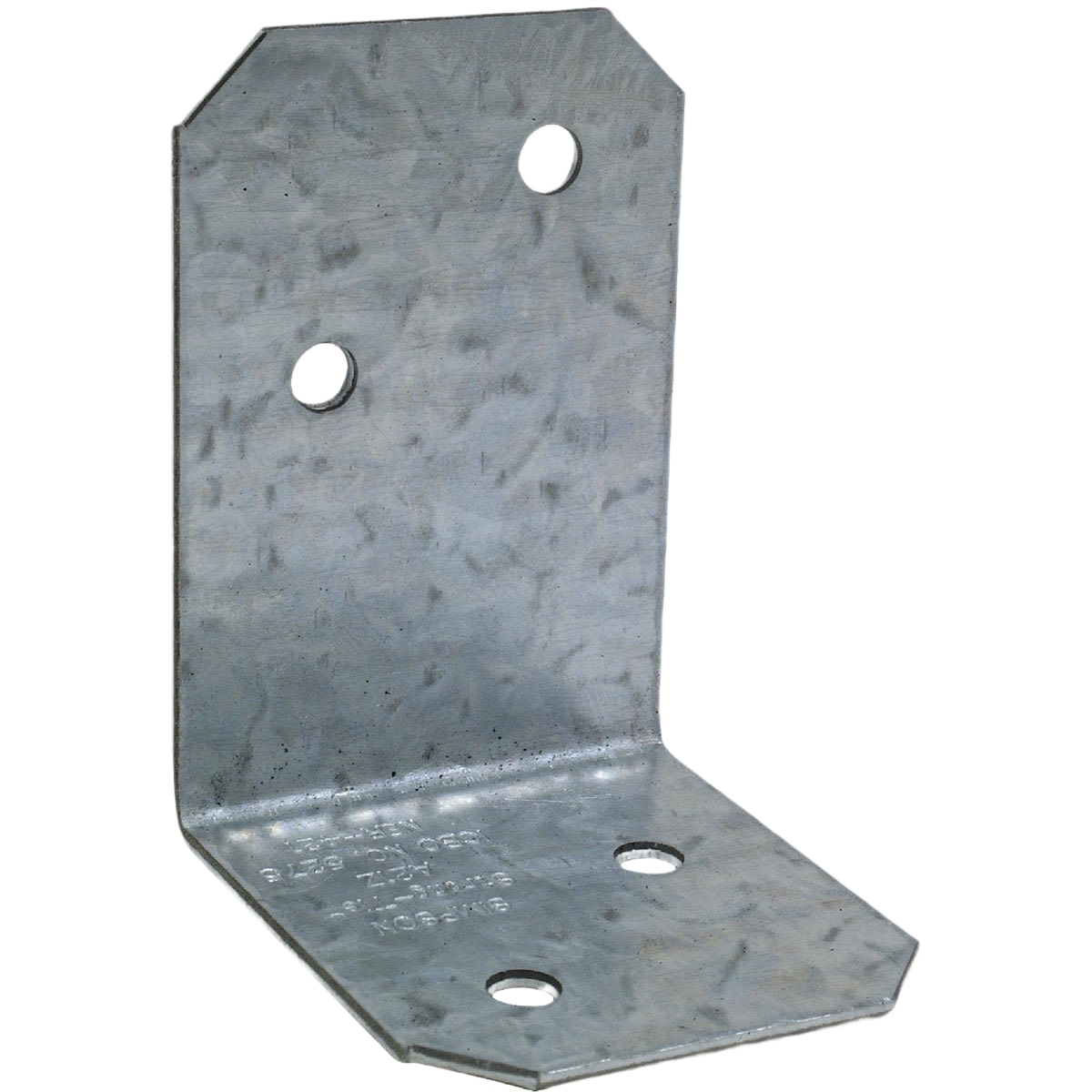 Galvanized metal angle bracket with pre-drilled holes for securing wood framing in lumber and building materials collections