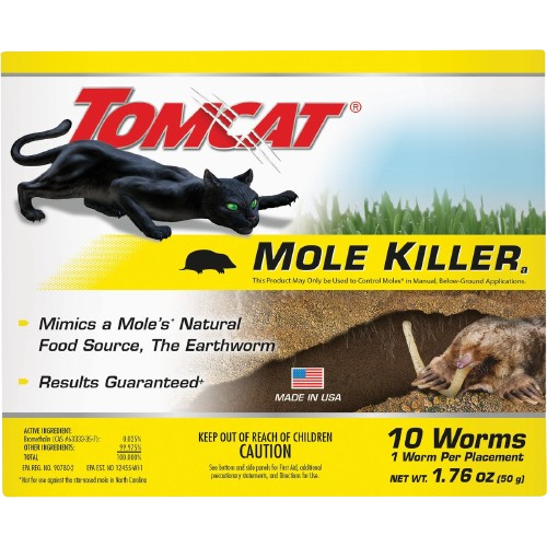 Tomcat mole bait with 10 worm-shaped pieces for pest control in lawn and garden under $25 collections