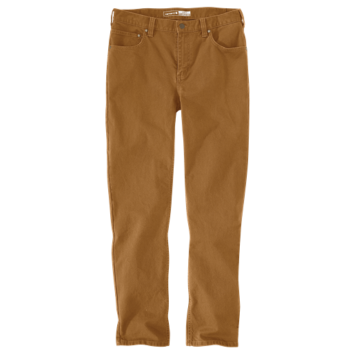 Front view of slim tapered men's work pants in brown duck fabric with five pockets for durability and flexibility