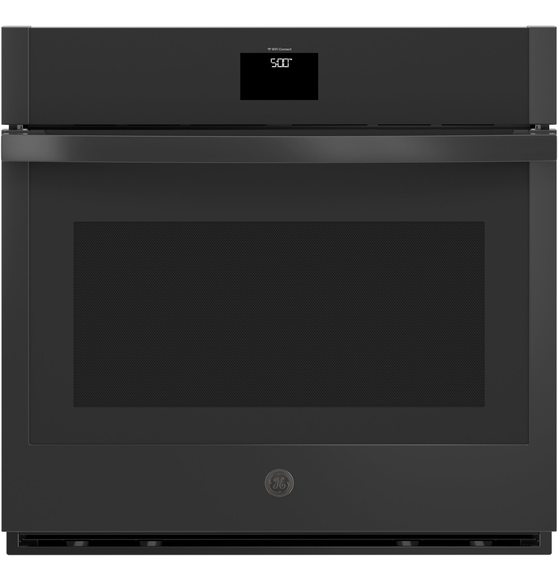 Black smart built-in single wall oven with digital display and sleek modern design from kitchen appliances collection