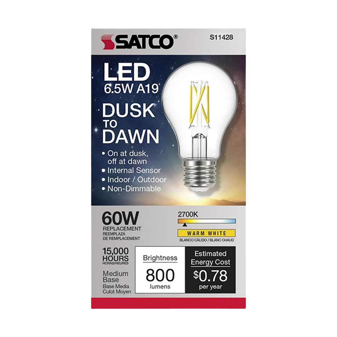 Satco LED bulb with dusk to dawn sensor, warm white light, medium base, indoor and outdoor use, under $50 lighting accessory