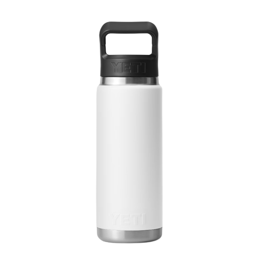 White stainless steel insulated 26 oz bottle with black handle and straw cap from Drinkware and Kitchen collections