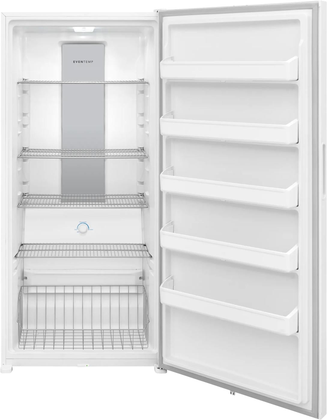 White upright garage-ready freezer with multiple wire shelves and four door storage bins in appliances collection