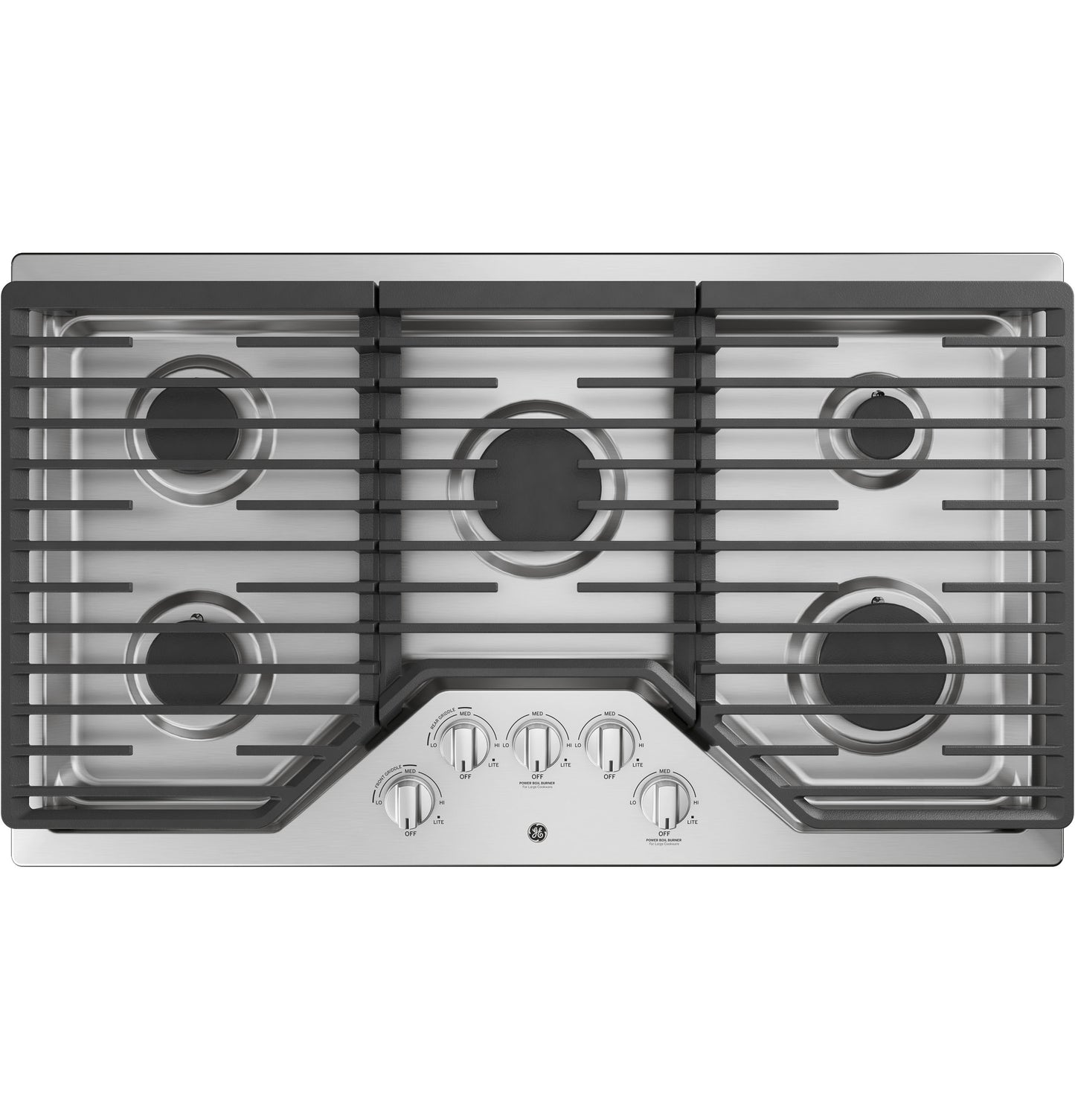 Stainless steel gas cooktop with five burners and black dishwasher-safe grates from Gas Cooktops collection