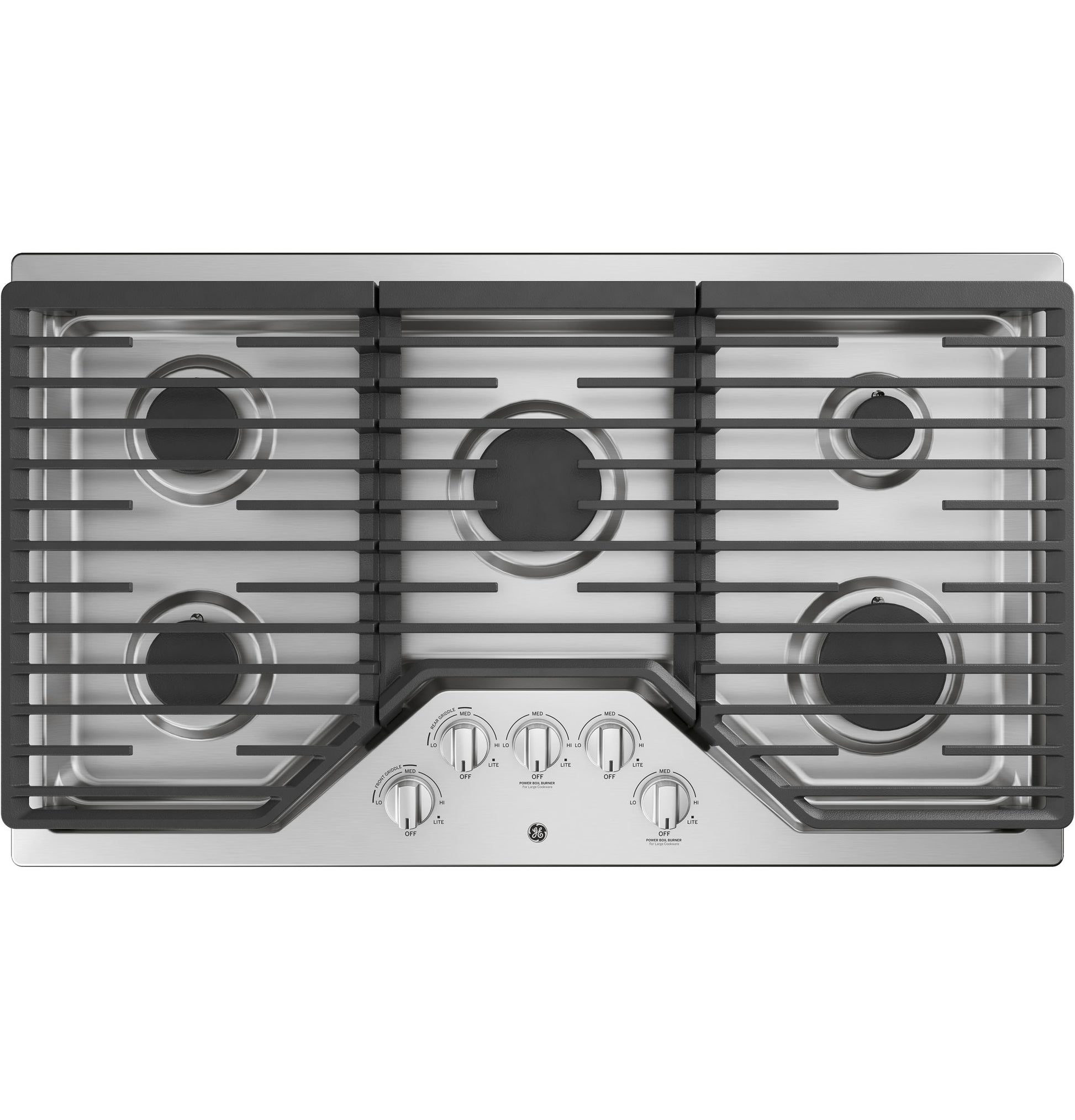 Stainless steel gas cooktop with five burners and black dishwasher-safe grates from Gas Cooktops collection