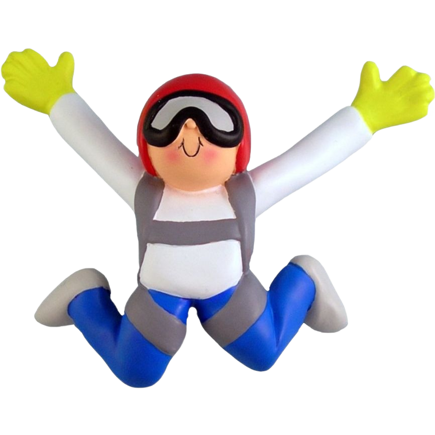 Personalized male skydiver figurine ornament with red helmet, yellow gloves, and blue pants for Christmas tree decor under $50