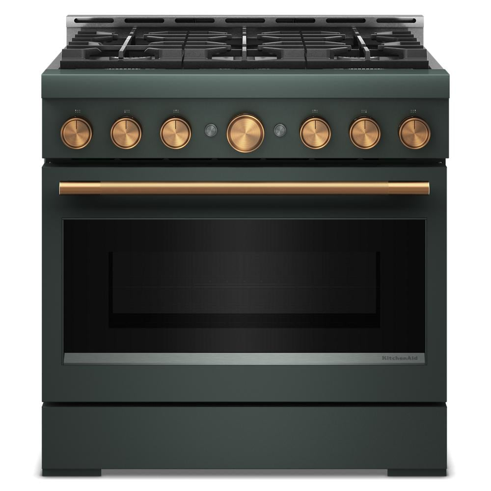 Front view of dark green commercial-style gas range with six burners and bronze control knobs from KitchenAid collection
