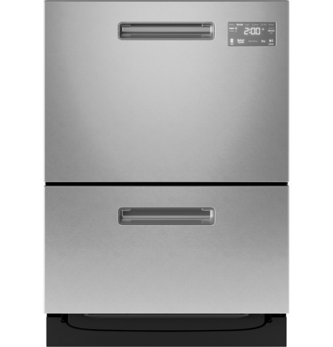 Stainless steel double drawer dishwasher with digital control panel in modern kitchen appliances and dishwashers collection