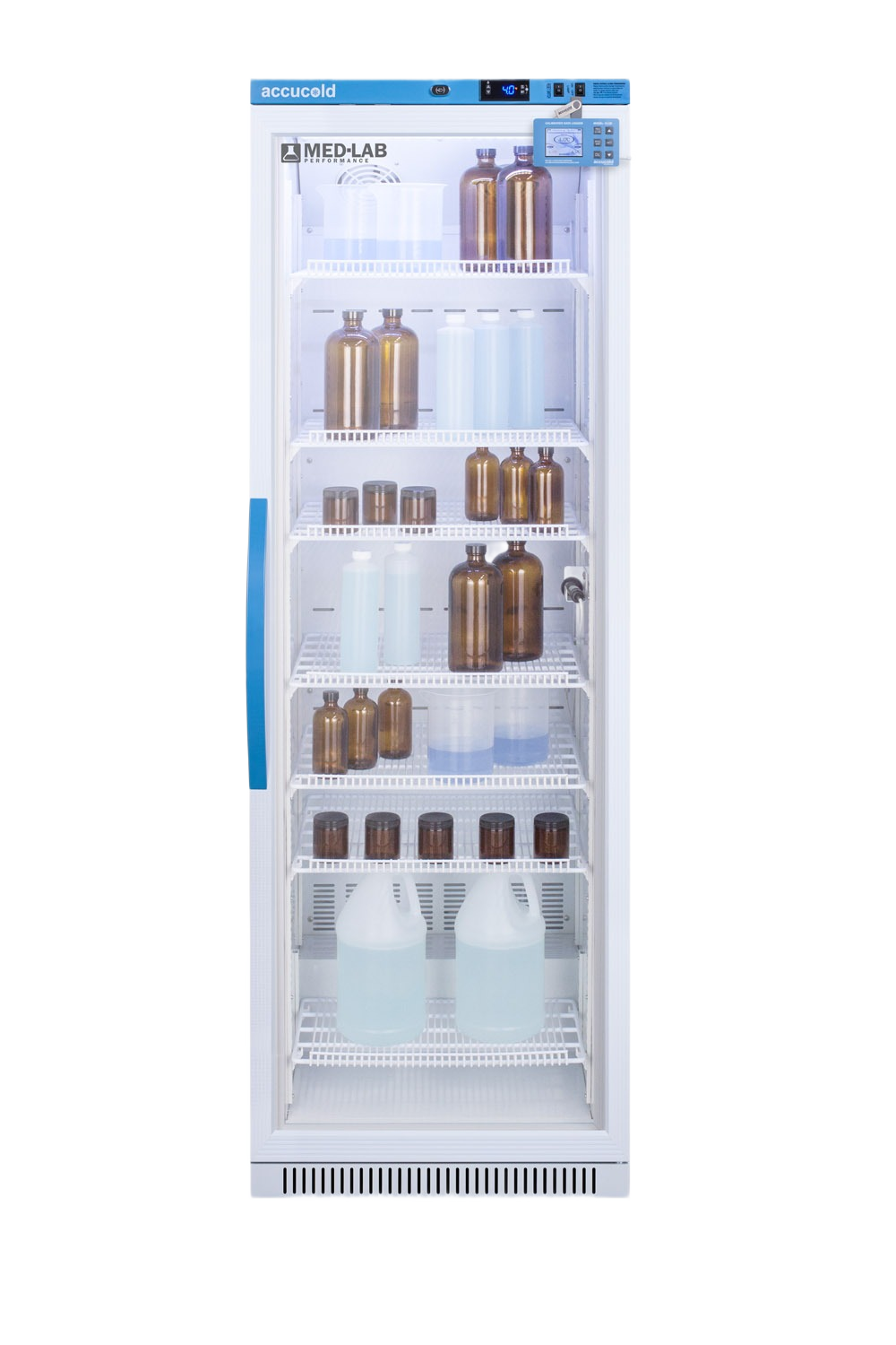 Upright laboratory refrigerator with glass door, white wire shelves, digital controls, and assorted chemical bottles inside