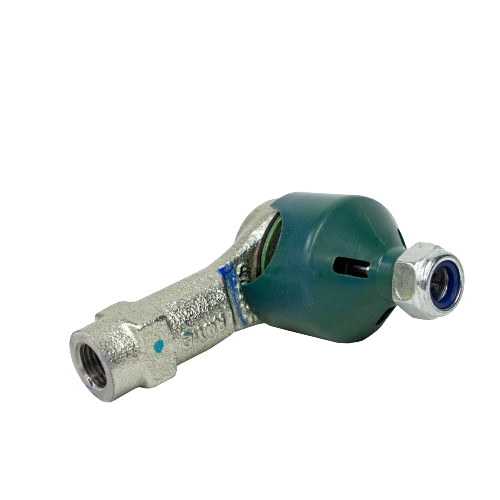 Metal tie rod end with green protective cover and threaded connection for durable tractor steering assembly repairs