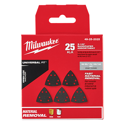 Red packaging of Milwaukee 25-piece 3-1/2 inch triangle sandpaper variety pack with hook and loop backing for power tool use.