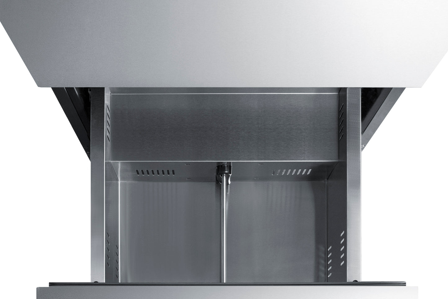 Open stainless steel freezer drawer showing interior space and ventilation vents for efficient cooling