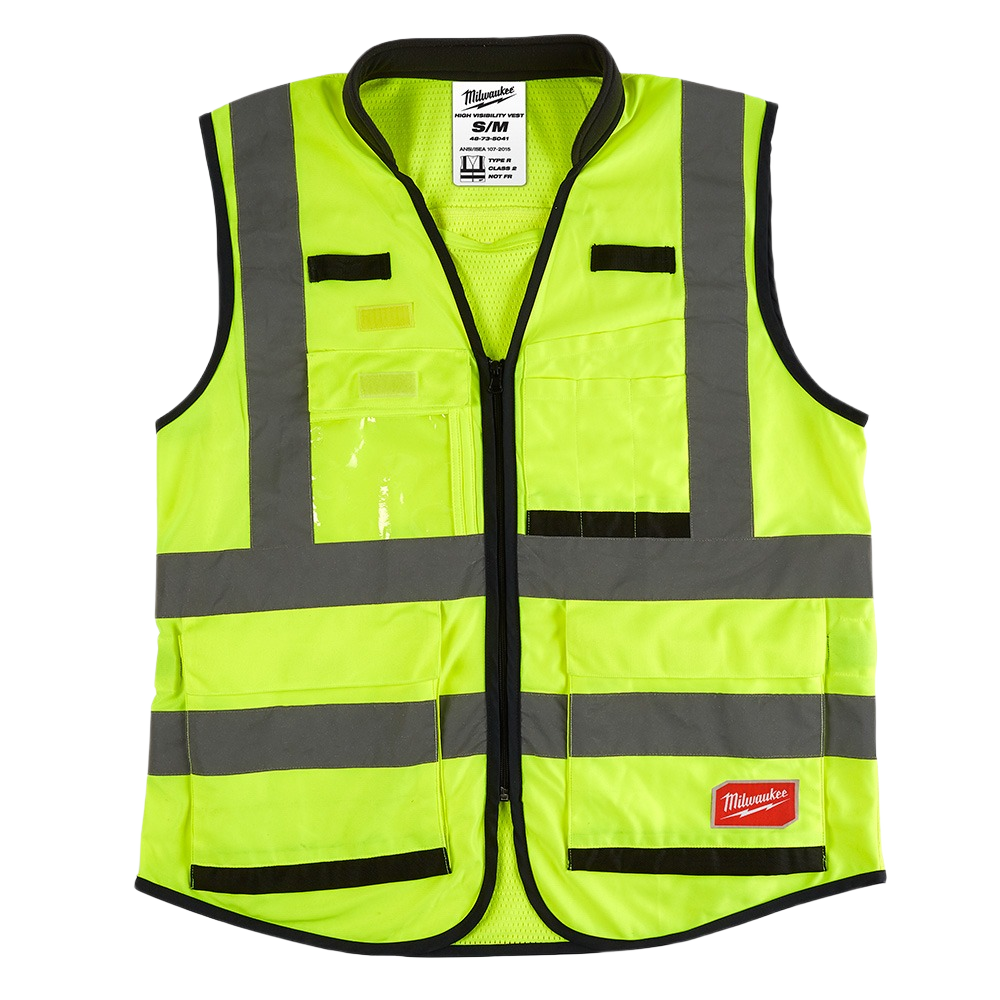 High visibility yellow safety vest with reflective stripes and multiple pockets for tools and ID in safety gear collection