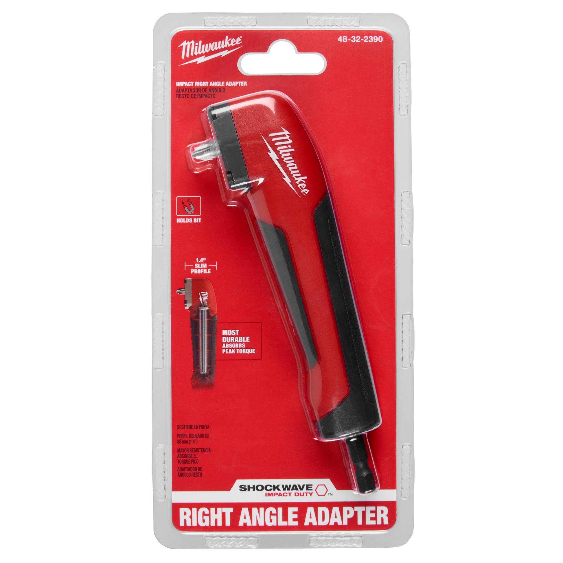 Red and black Milwaukee right angle adapter with SHOCKWAVE™ technology for durable tool accessories and home improvement tasks