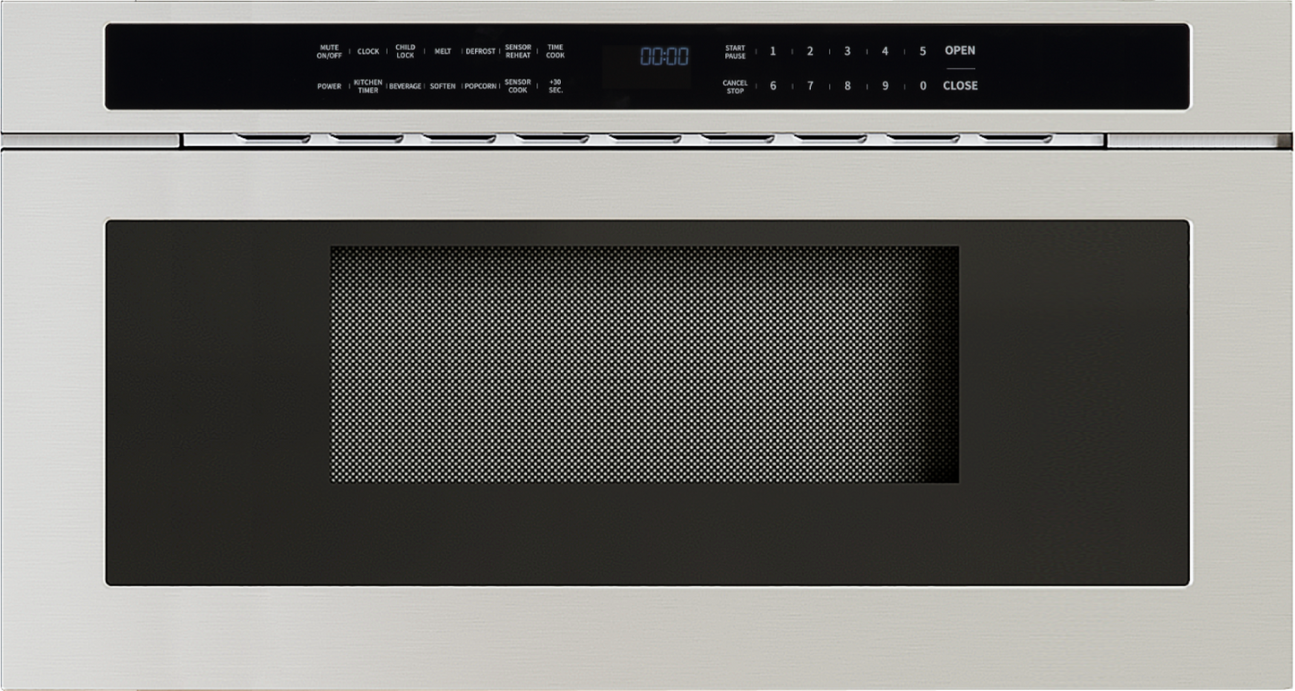 Stainless steel built-in microwave drawer with digital control panel and black tinted window, part of built-in microwaves and kitchen appliance collections.