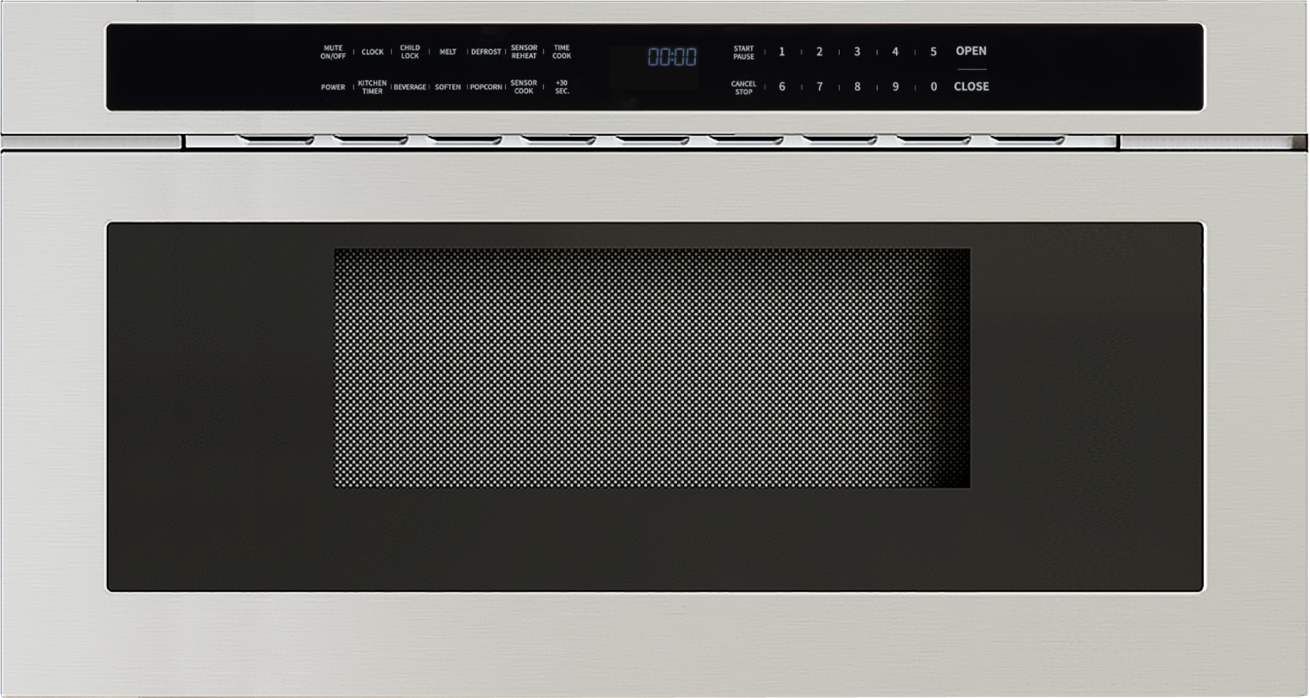 Stainless steel built-in microwave drawer with digital control panel and black tinted window, part of built-in microwaves and kitchen appliance collections.