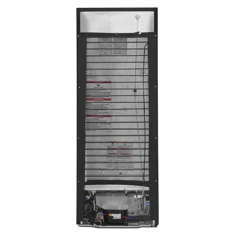 Rear view of a 24-inch wide top freezer refrigerator showing condenser coil and cooling components from appliances collection