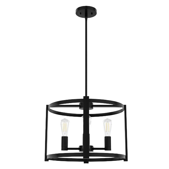 Matte black 4-light chandelier with caged round frame and art deco details for dining and living room lighting.