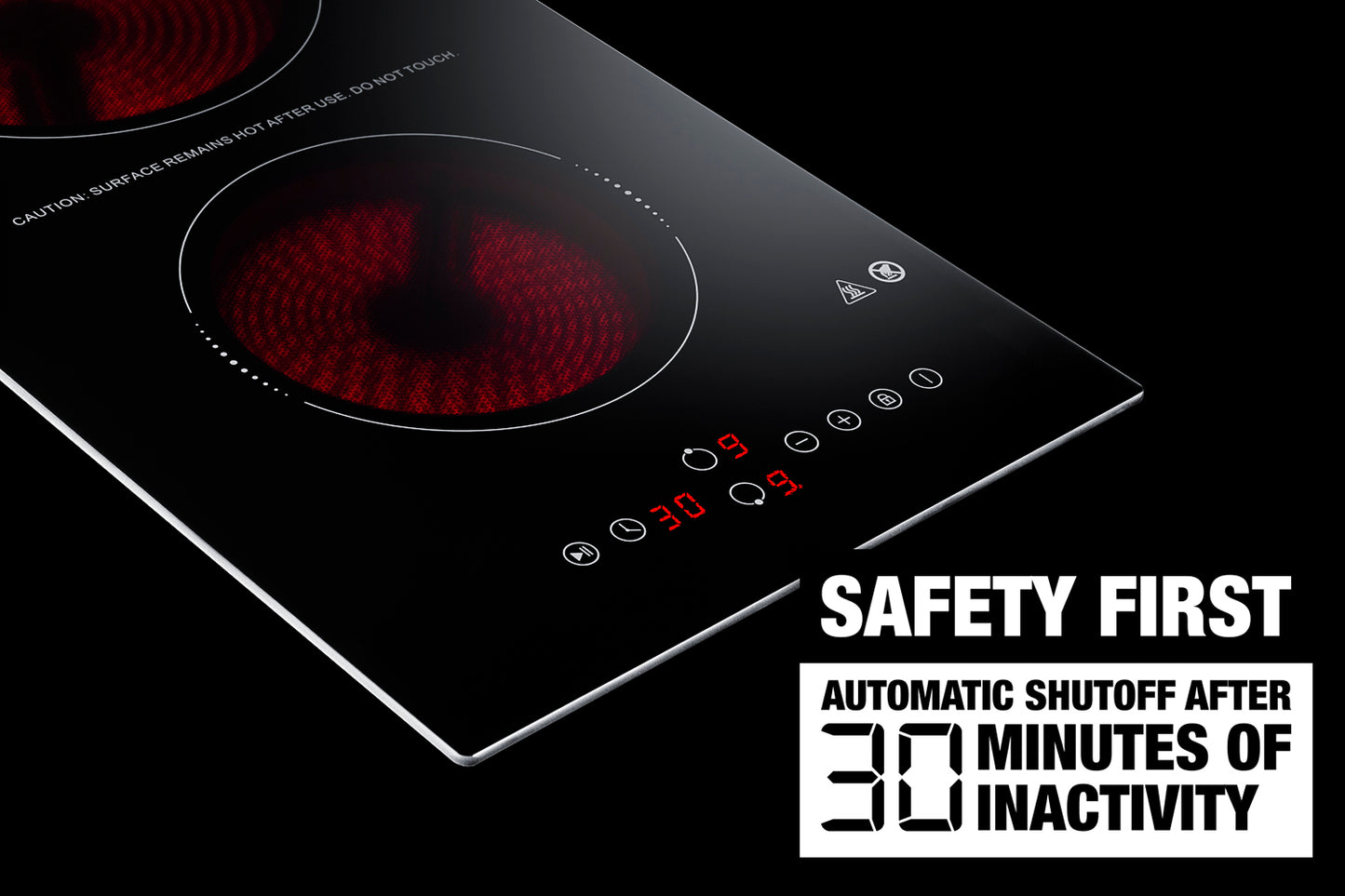 Black radiant cooktop with two glowing burners and digital touch controls featuring automatic safety shutoff in kitchen appliances collection