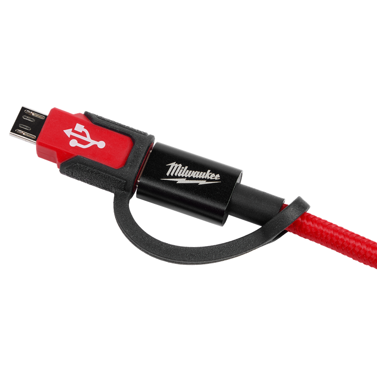 Red braided Micro USB adaptor cable with black connector housing featuring Milwaukee logo for tools and home improvement use