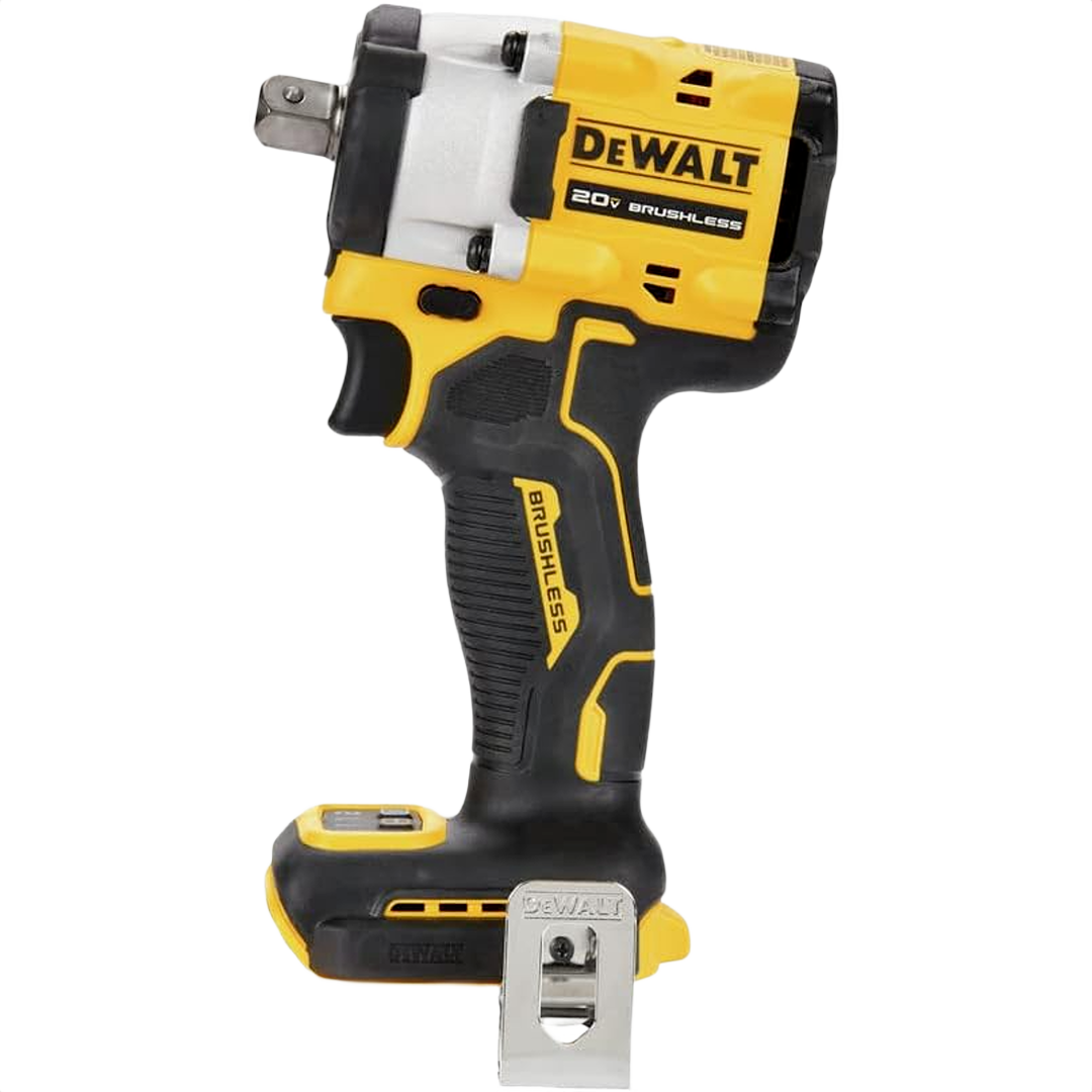 Compact cordless impact wrench in yellow and black with brushless motor for tools and home improvement use