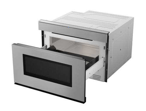 Stainless steel microwave drawer with black window and Easy Wave Open feature in microwaves and kitchen appliances collection