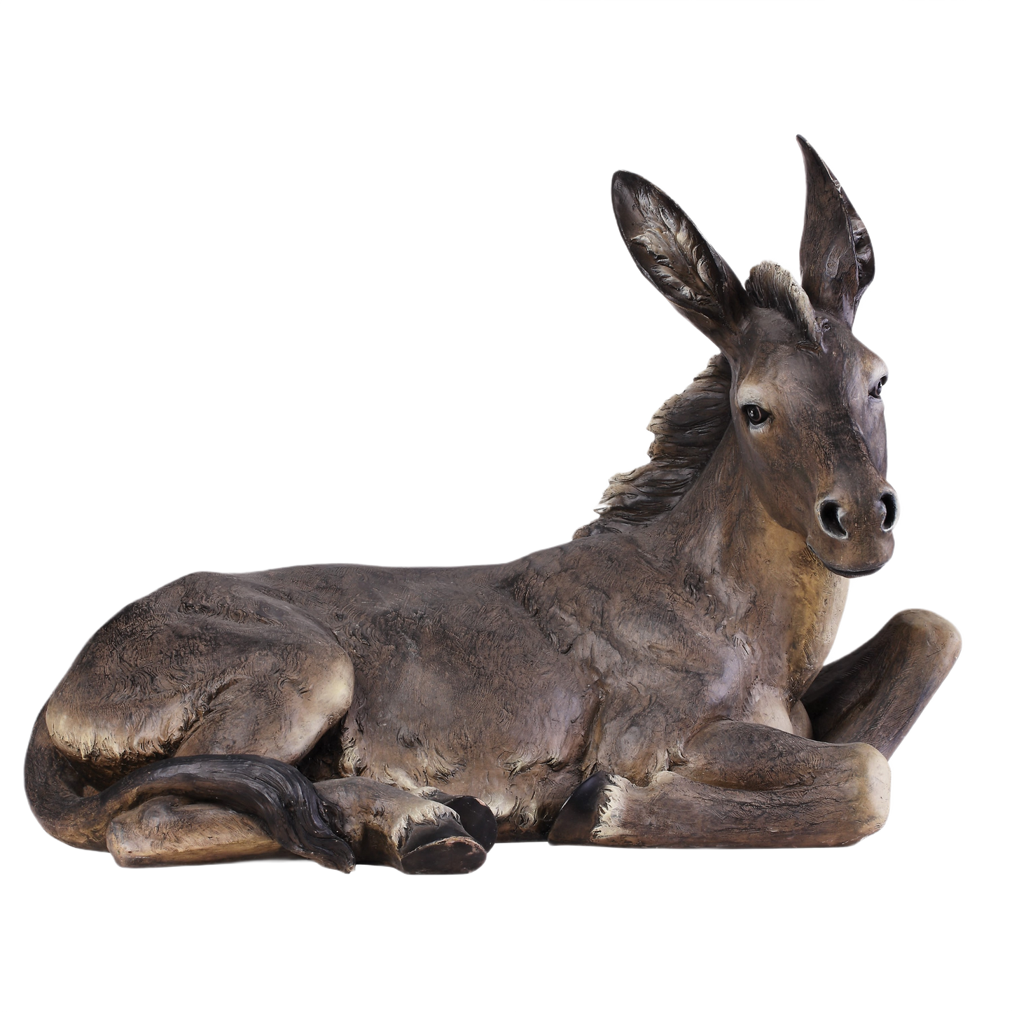 Realistic reclining donkey figurine crafted from resin for Christmas and Nativity Scenes decor collections