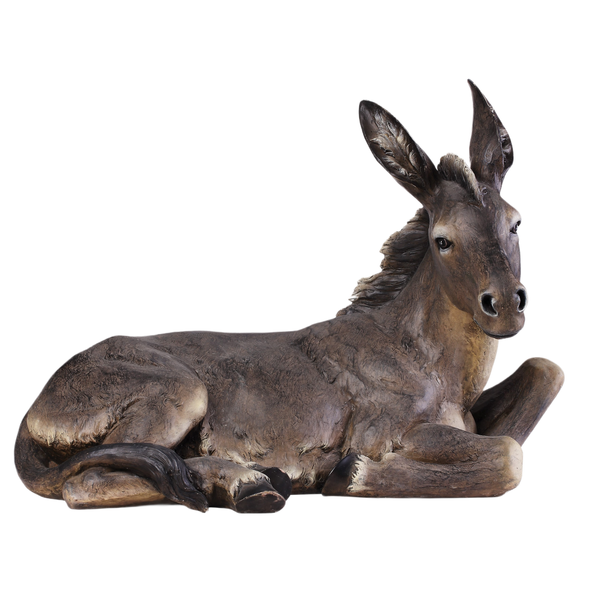 Realistic reclining donkey figurine crafted from resin for Christmas and Nativity Scenes decor collections