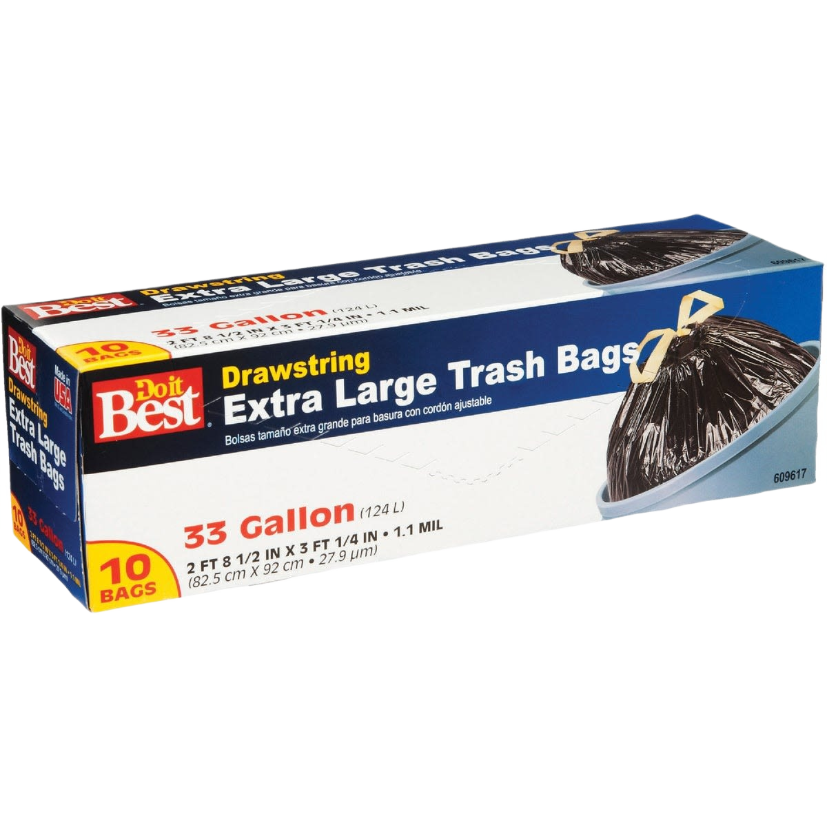 Box of black extra large 33 gallon trash bags with yellow drawstrings for cleaning and trash can accessories collections