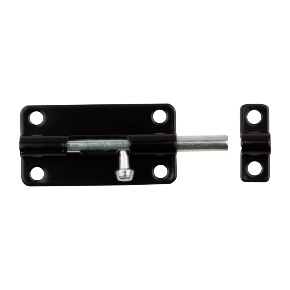 4-inch black steel barrel bolt with mounting holes for securing lightweight doors, cabinets, or chests in home improvement projects