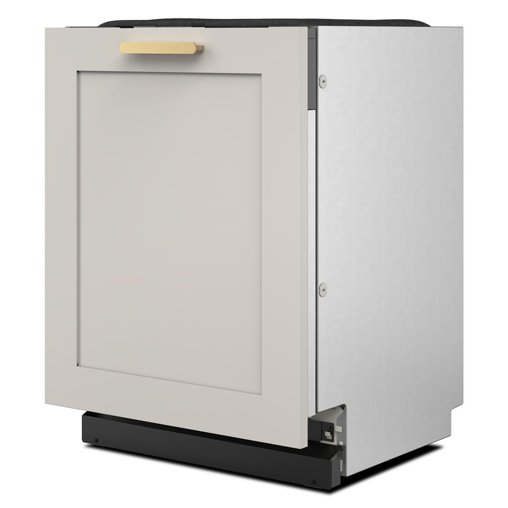 Panel-ready dishwasher with smooth light gray front and brass handle designed for flush installation in kitchen appliances collection