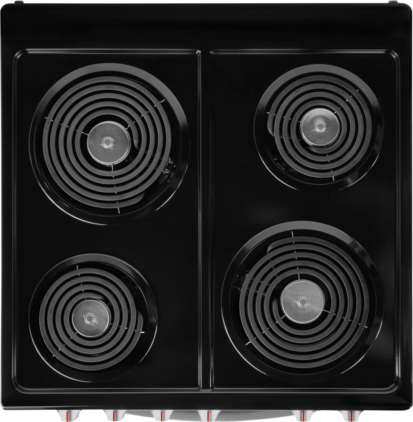 Top view of black electric coil cooktop with four burners from kitchen appliances and cookware collection