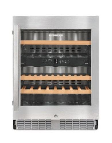 built-under stainless steel wine cabinet with wooden racks and digital controls in kitchen and appliance collection