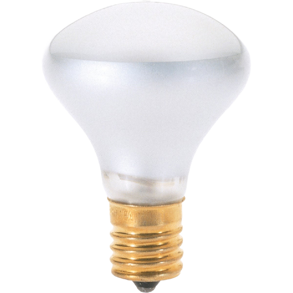 Frosted R14 incandescent floodlight bulb with brass screw base for indoor lighting and home improvement use