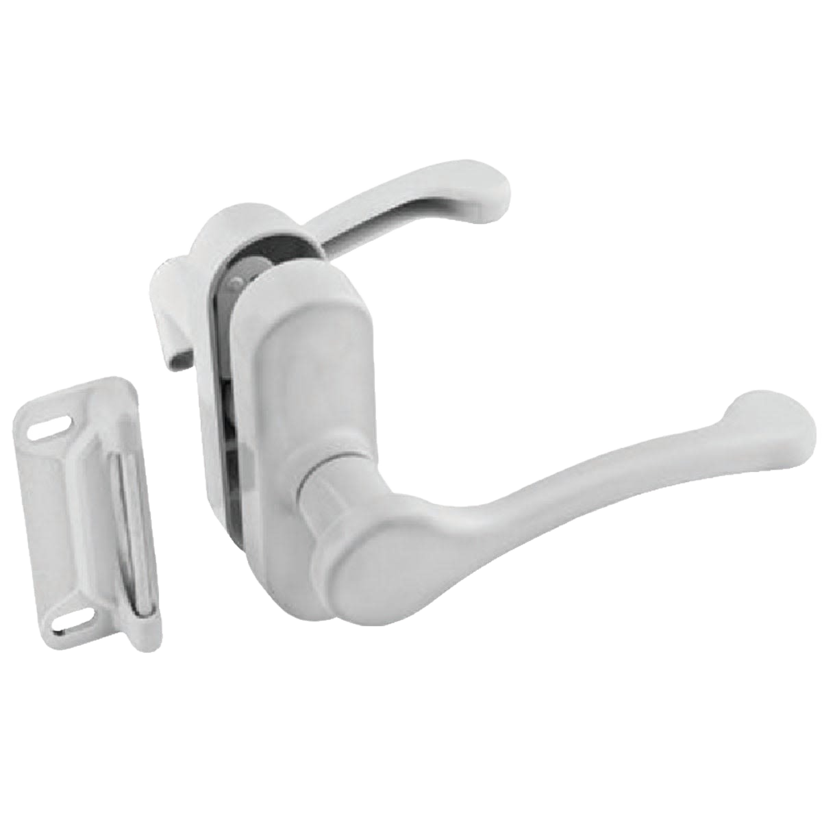 White lever latch handle set with interior lock, suitable for screen and storm doors, part of door hardware accessories.