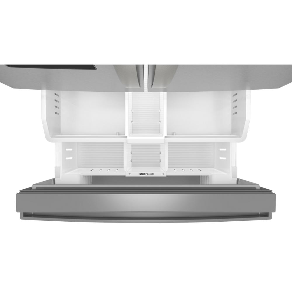 Open bottom freezer drawer with spacious compartments and adjustable shelving from kitchen appliances collection