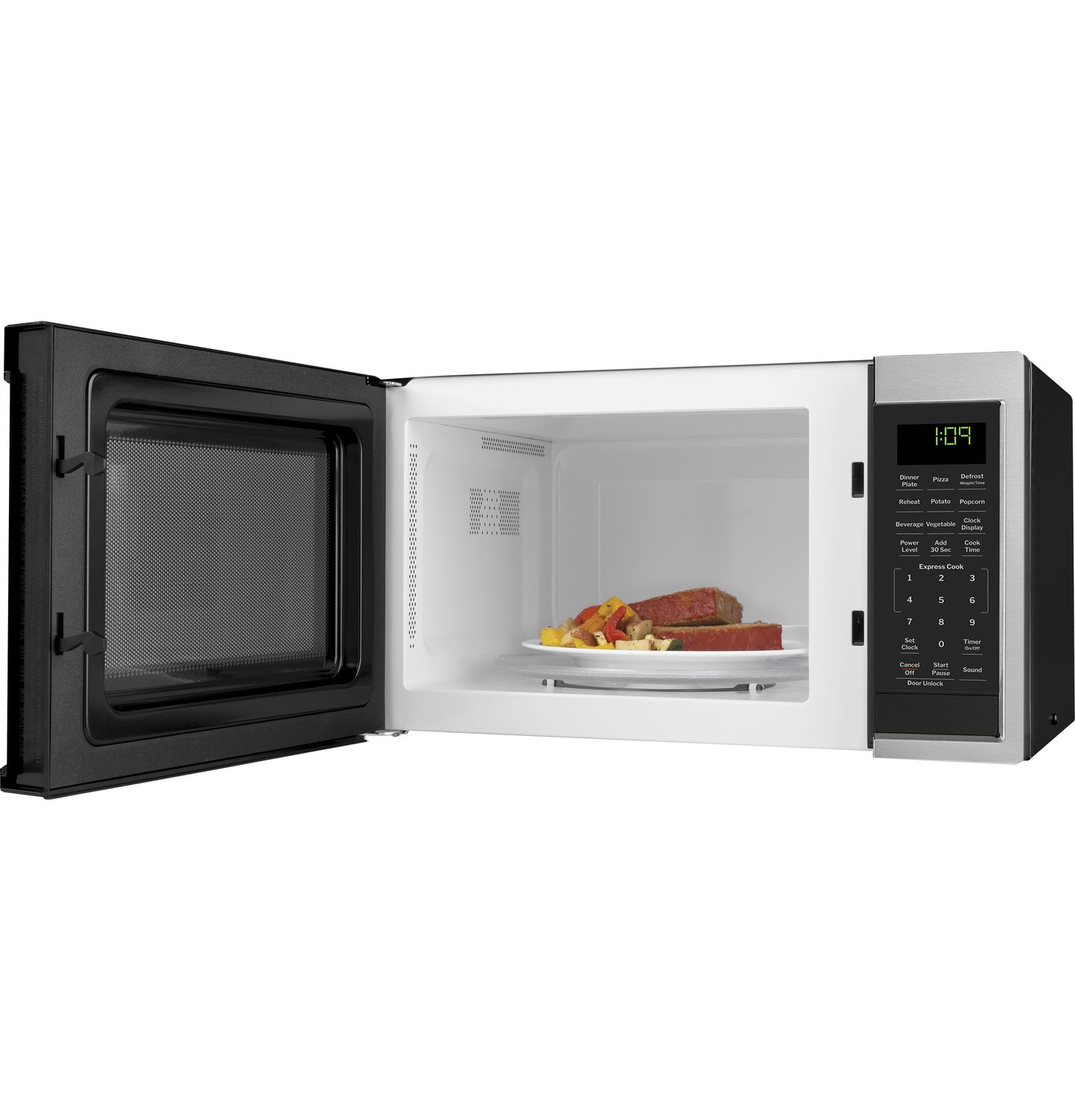 Countertop microwave with open door showing food on turntable and digital control panel with green LED display