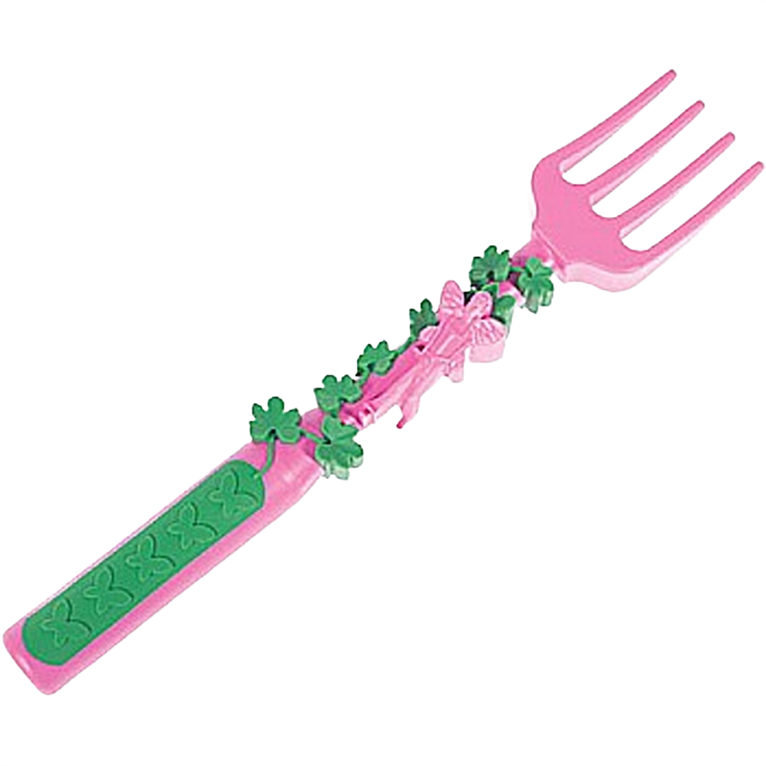 Pink garden fork with green leaf and butterfly decorations for outdoor gardening and home improvement tasks